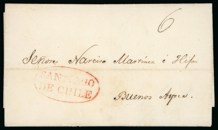 Stamp of Chile » Postal History 1849 (Dec 21) Cover to Buenos Aires, red oval "Santiago / De Chile" hs, rare postmark on mail sent abroad.