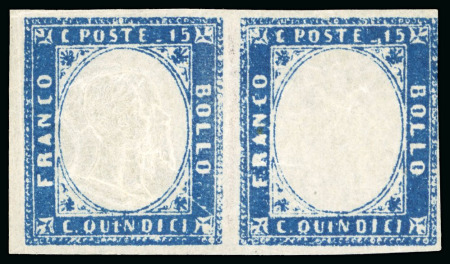 Stamp of Italy » Regno d'Italia 1863, 15 c. azzurro in coppia, di cui l'esemplare a sinsitra con tripla effigie