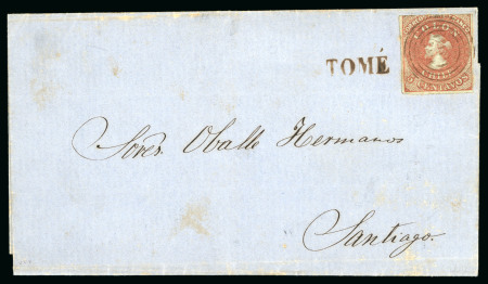 Stamp of Chile » Postal History 1856ca Cover sent to Santiago from Tome franked with a 5c red three margins, Tomé" straight line hs in black