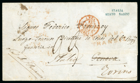 Stamp of Chile » Postal History 1853 (Sept 1) Cover sent to Genoa then redirected to Torino from Valparaiso, addressed to Frederico Franzoy, 