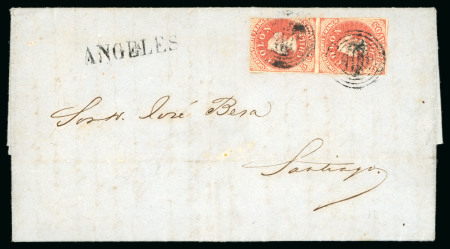 Stamp of Chile » Postal History 1859 (Dec 13) Cover sent from Angeles (now Los Angeles) to Santiago, franked with vertical pair of 5c orange-red