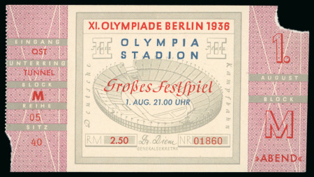 Stamp of Olympics » 1936 Berlin » Documents, Programmes, Tickets, etc. 1936 Berlin Olympic Festivals group, incl. ticket to the Olympic "Grosses Festspiel" 1st Aug