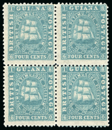 Stamp of British Guiana 1862-64 4c blue, perf.12 1/2-13, mint n.h. block of four