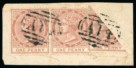 Stamp of Trinidad and Tobago » Tobago 1880 1d venetian red, two singles and a bisect all tied on small fragment