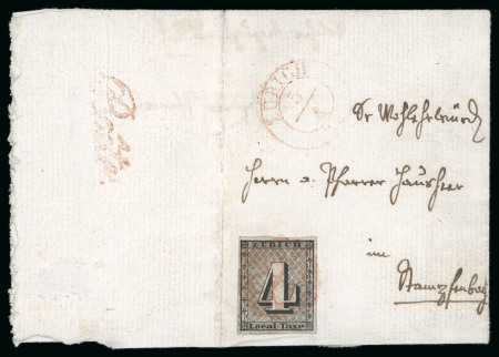 Stamp of Switzerland / Schweiz » Kantonalmarken » Zürich Zürich 1843, 4 Type I, farbintensiv mit senkrechten Unterdrucklinien, breit- bis überrandig mit Schnittlinien auf allen Seiten fast komplet sichtbar