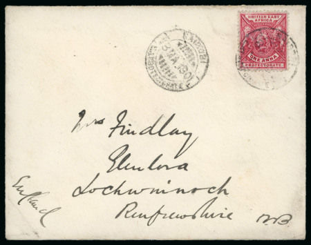 Stamp of Kenya, Uganda and Tanganyika » British East Africa Nairobi: 1901 (Mar 13) Envelope to Scotland with 1896-1901 1a tied by "NAIROBI / E.A. PROTECTORATE" hatched circle ds 