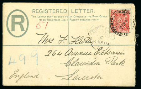 Stamp of Kenya, Uganda and Tanganyika » British East Africa Mombasa Registration Dept: 1903 (Feb 20) 2a Registered envelope with "FOREIGN REGISTRATION DEPARTMENT" cds