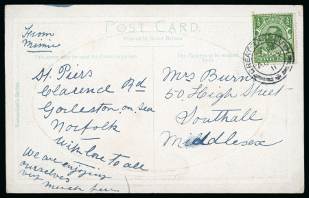 Stamp of Great Britain » King George V » 1911-12 Downey Head Issues 1911-12 1/2d green with error perf. 14 tied to picture postcard by Great Yarmouth double circle ds