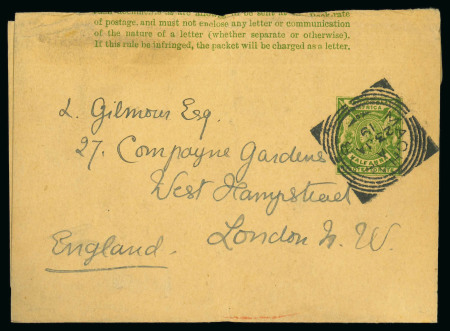 Stamp of Kenya, Uganda and Tanganyika » British East Africa Machakos: 1901 (Jan 23) 1/2a Newspaper wrapper to England cancelled by Machakos squared circle ds