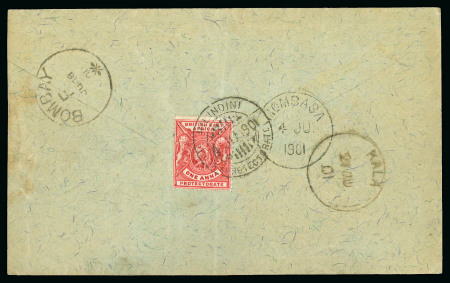 Stamp of Kenya, Uganda and Tanganyika » British East Africa Kilindini: 1901 (Jun 4) Envelope to India with 1896-1901 1a tied to reverse by "KILINDINI / E.A. PROTECTORATE" hatched circle ds