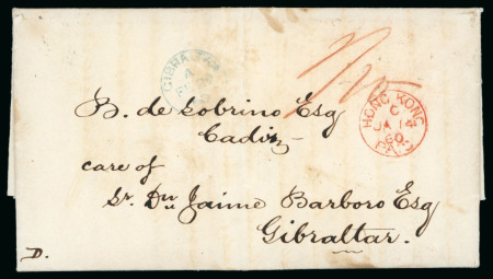 Stamp of Hong Kong 1860 (Jan 14) Entire from Hong Kong to Cadiz care of an agent in Gibraltar, with Hong Kong "PAID" cds on obverse
