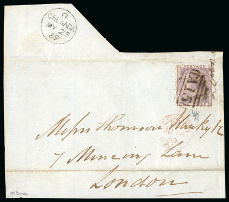 Stamp of Grenada 1856 6d lilac, neatly tied by "A15" barred oval of St. George's on large piece