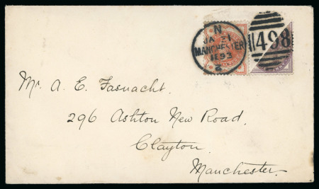 Stamp of Great Britain » 1854-1900 Postal History of the Perforated Line Engraved and Surface Printed Issues 1893 (Jan 31) Envelope sent locally in Manchester with 1881 1d die II diagonal bisect and 1887 1/2d vermilion