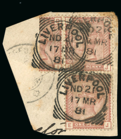 Stamp of Great Britain » 1855-1900 Surface Printed » 1880-81 Provisional Issue and 1881 1d Lilac 1880-81 1d Venetian red vertical bisect attached to normal vertical pair on piece