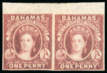 Stamp of Bahamas 1859 1d Brown-Lake plate proof top marginal pair, mint o.g.