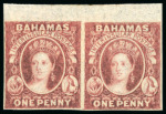 Stamp of Bahamas 1859 1d Brown-Lake plate proof top marginal pair, mint o.g.
