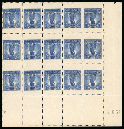 Stamp of Australia » Commonwealth of Australia 1937 FRENCH ESSAY of the 1s Lyrebird in blue in mint n.h. lower right corner date block of 15