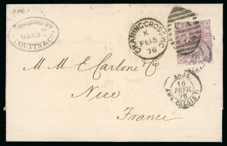 Stamp of Great Britain » 1855-1900 Surface Printed » 1873-80 Large Coloured Corner Letters 1873-80 2 1/2d rosy mauve pl.2 on blued paper, tied to 1876 (Feb 15) entire to France by Charing Cross "CX / 7" duplex