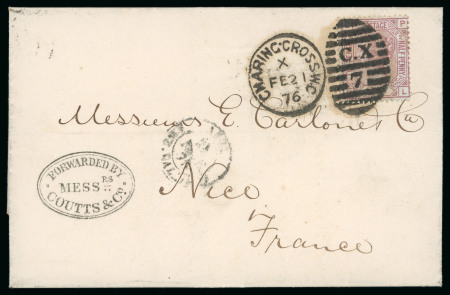 Stamp of Great Britain » 1855-1900 Surface Printed » 1873-80 Large Coloured Corner Letters 1873-80 2 1/2d rosy mauve pl.2 on blued paper, tied to 1876 (Feb 21) entire to France by Charing Cross "CX / 7" duplex