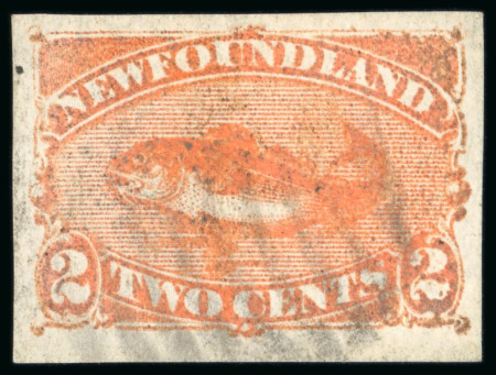 Stamp of Canada » Newfoundland 1887 2c orange-vermilion imperforate, cancelled by black barred circle, described as a remainder