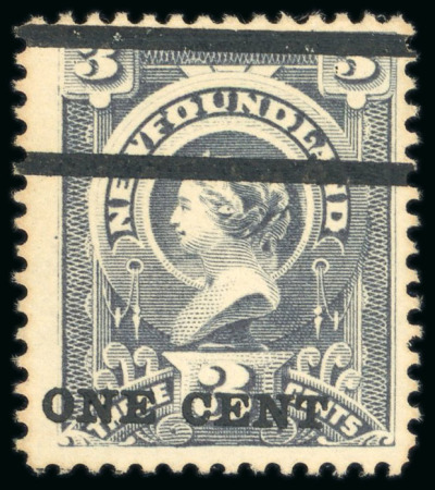 Stamp of Canada » Newfoundland 1897 1c on 3c grey-purple with misplaced surcharge downwards (type 36), mint