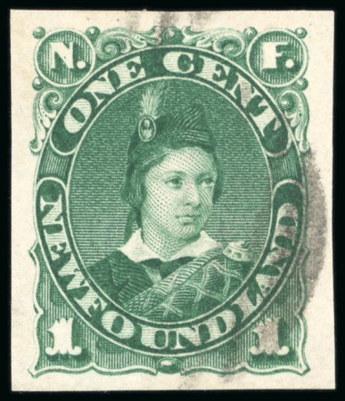 Stamp of Canada » Newfoundland 1896 1c green imperforate, cancelled by black barred circle, uncatalogued