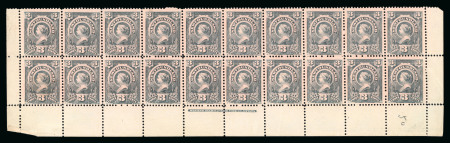 Stamp of Canada » Newfoundland 1890 3c deep slate on red tinted paper in unused lower marginal block of 20