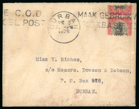 Stamp of South Africa » Union & Republic of South Africa 1929 (Jun 3) Envelope sent locally in Durban with machine coil issue 1926-27 1d significantly misperforated by the machine