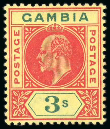 Stamp of Gambia 1902-05 3s carmine & green on yellow with variety dented frame, mint h.r