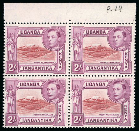 Stamp of Kenya, Uganda and Tanganyika » Kenya, Uganda and Tanganyika 1938-57 2s lake-brown and brown-purple, perf. 14, in mint n.h top marginal block of four