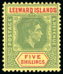 Stamp of Leeward Islands 1938-51 5s green & red on yellow on ordinary paper, mint o.g., showing variety broken "E"
