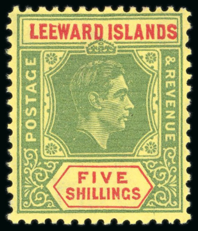 Stamp of Leeward Islands 1938-51 5s green & red on yellow on ordinary paper, mint o.g., showing variety broken "E"