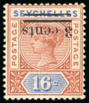 Stamp of Seychelles 1901 3c on 16 with variety inverted surcharge, mint o.g.
