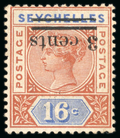Stamp of Seychelles 1901 3c on 16 with variety inverted surcharge, mint o.g.