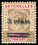 Stamp of Seychelles 1901 3c on 36c brown & carmine mint h.r. showing variety surcharge double