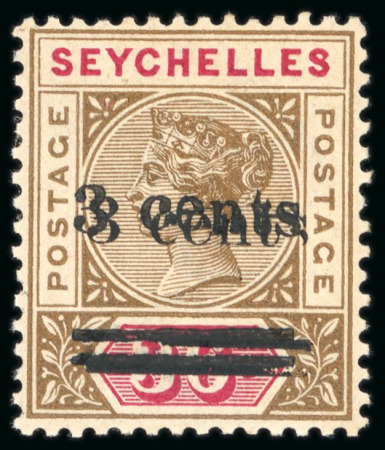 Stamp of Seychelles 1901 3c on 36c brown & carmine mint h.r. showing variety surcharge double