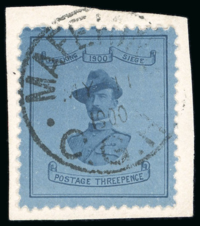 Stamp of South Africa » Mafeking 1900 3d Baden Powell pale blue on blue, 21mm wide, tied to small piece