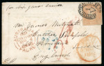 Stamp of Australia » Victoria 1855 (Nov 21) Envelope to England with 1855 6d. QV dull orange "per ship James Baines"