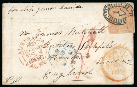 Stamp of Australia » Victoria 1855 (Nov 21) Envelope to England with 1855 6d. QV dull orange "per ship James Baines"