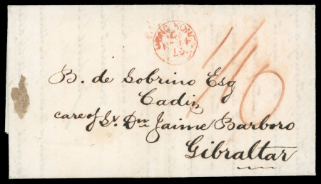 Stamp of Hong Kong 1859 (Nov 14) Entire from Hong Kong to forwarding agent in GIBRALTAR and then on to Cadiz, Spain