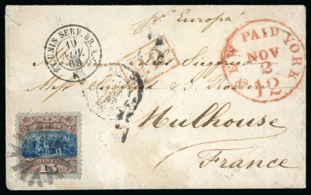 Stamp of United States » 1869 Pictoral Issue 1869 15c brown & blue, type I, wide margins, unusually fine centring, tied to cover