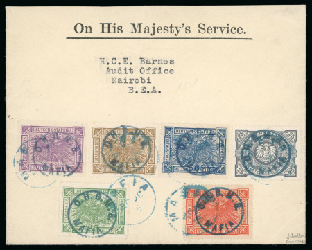 Stamp of Germany » German Colonies » German East Africa » German East Africa British Occupation 1915 (Oct 20) O.H.M.S. envelope with set of six 1915 (Sep) German East Africa fiscal stamps with "O.H.B.M.S. / MAFIA" in circle
