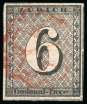 Stamp of Switzerland / Schweiz » Kantonalmarken » Zürich 1843 6 Rp mit waagerechten Unterdrucklinien, Type IV, sauber durch rote Rosette entwertet