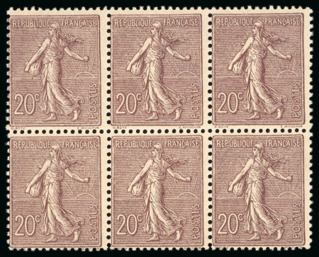 Stamp of France » Émissions à partir de 1900 1903, Bloc de 6 Type Semeuse 20 centimes brun-lilas
