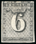 Stamp of Switzerland / Schweiz » Kantonalmarken » Zürich 1843 6Rp mit senkrechten Unterdrucklinien, Type II, sauber durch Ziffernfrei aufgesetzte schwarze Rosette entwertet