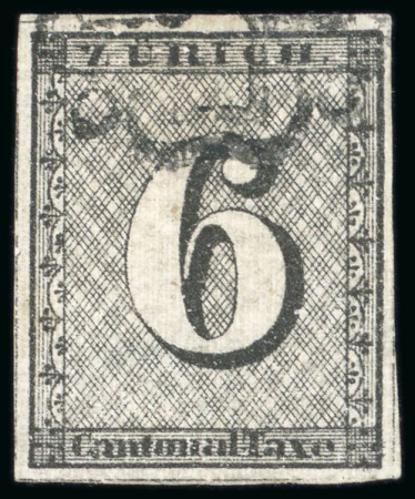 Stamp of Switzerland / Schweiz » Kantonalmarken » Zürich 1843 6Rp mit senkrechten Unterdrucklinien, Type II, sauber durch Ziffernfrei aufgesetzte schwarze Rosette entwertet