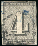 Stamp of Switzerland / Schweiz » Kantonalmarken » Zürich 1843 4 Rp Type III mit waagerechten Unterdrucklinien, gerandet durch SCHWARZEN SOWIE SCHWACHEN BLAUEN STEMPEL