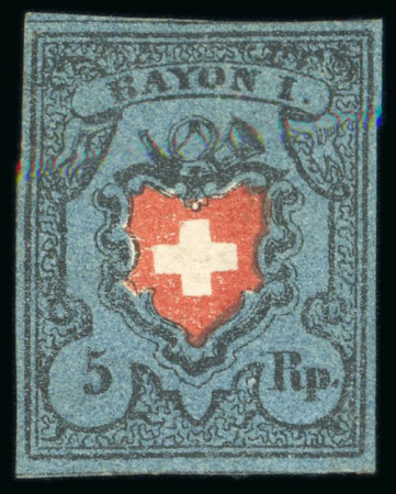 Stamp of Switzerland / Schweiz » Rayonmarken 1850 5Rp. rayon I dunkelblau, ohne Kreuzeinfassung type 20, tadellos und allseits gut bis sehr gut gerandet