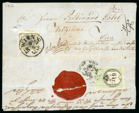 Stamp of Austria 1850 2kr grey-black type IIIb on machine paper tied to local entire sent within Vienna, reverse with supplementary 6kr revenue