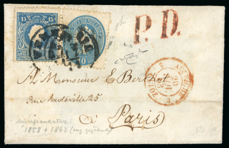 Stamp of Austria » Lombardy Venetia 1863 (Nov 17) Front and portion of reverse to France with mixed issue franking 1859 15s blue type II and 1863 10s in the same colour